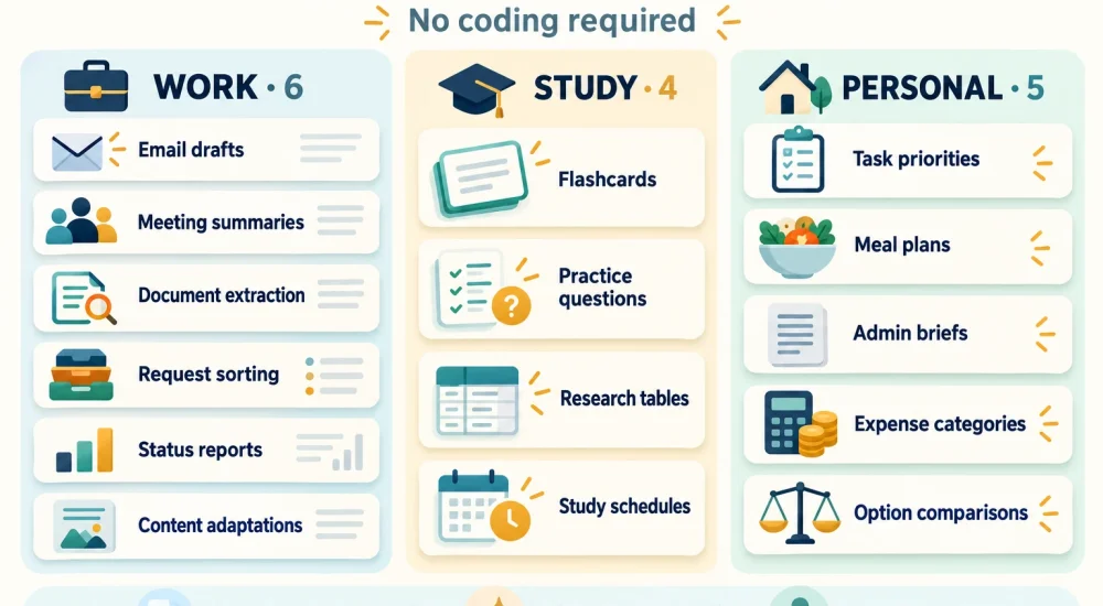 Fifteen no-code AI tasks grouped into work, study, and personal productivity.