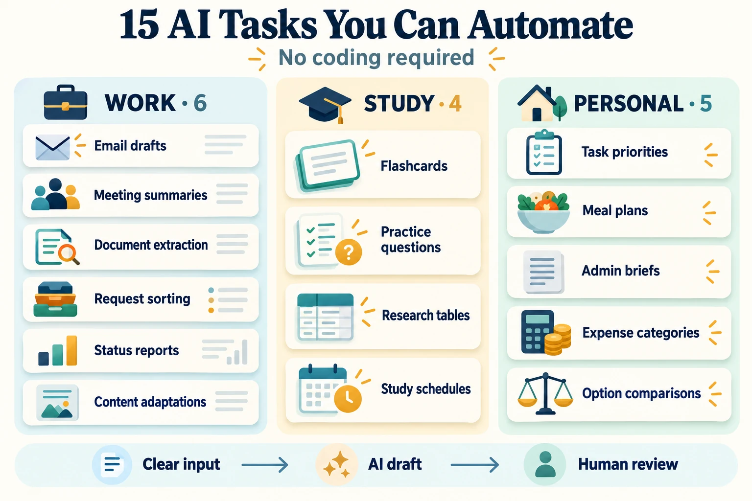 Fifteen no-code AI tasks grouped into work, study, and personal productivity.