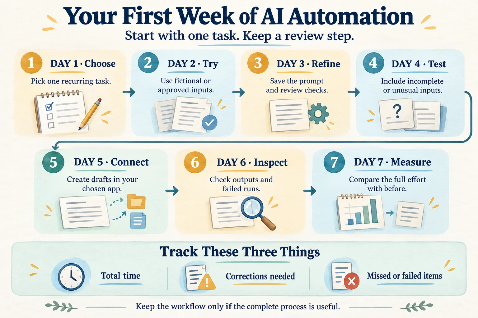 Seven-day plan moves from choosing one task to testing a draft workflow and checking its usefulness.
